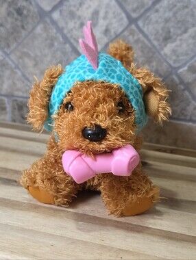 American Girl Posable Brown Puppy Toy with Magnet Pink Bone and Teal Dragon Hat